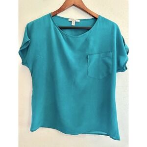 Trinity Anthropologie 100% Silk Teal Blouse Cap Sleeve SZ. Small
